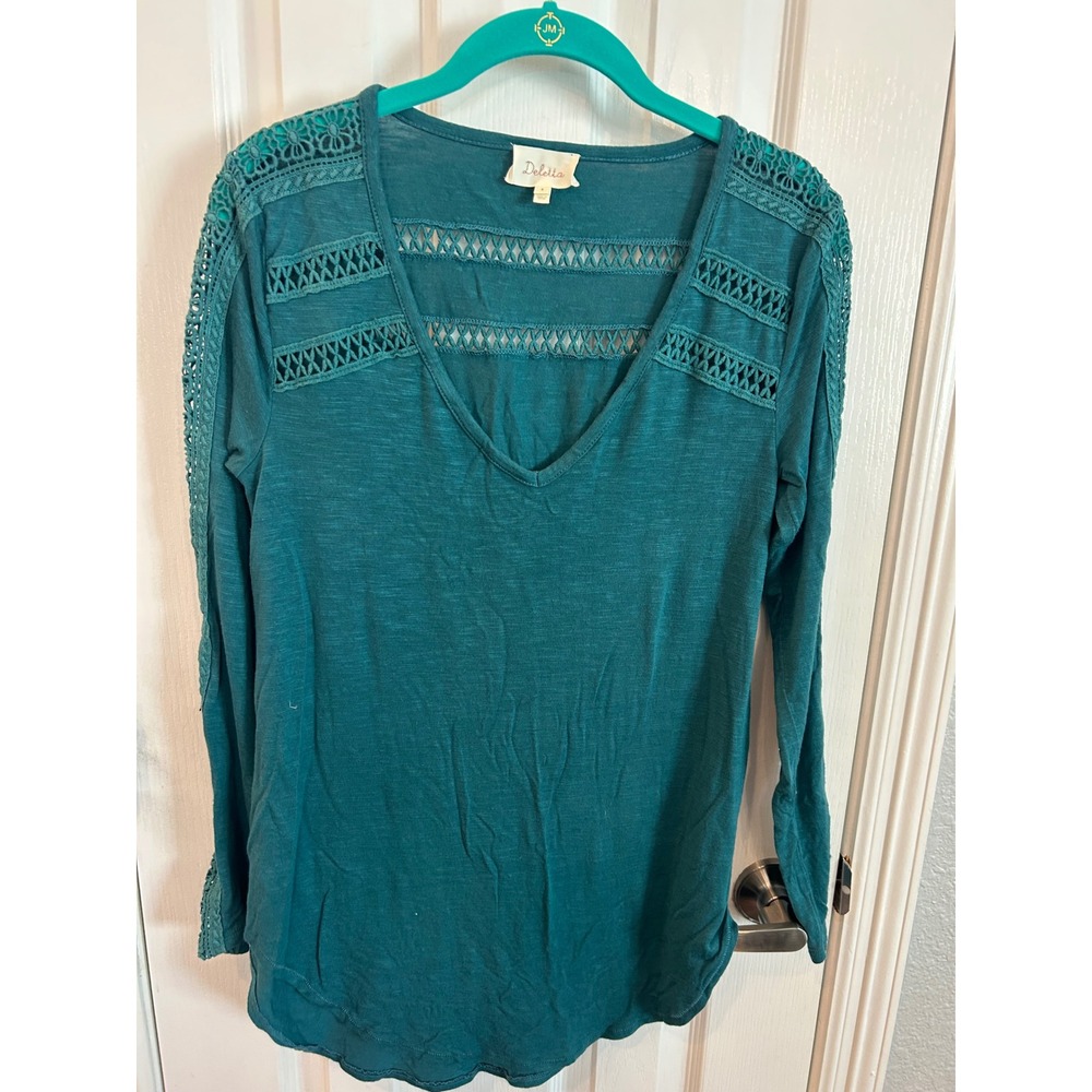 Deletta Anthropologie Top Teal Green Crochet Lace‎ Ladder Cutout Boho Slub Knit